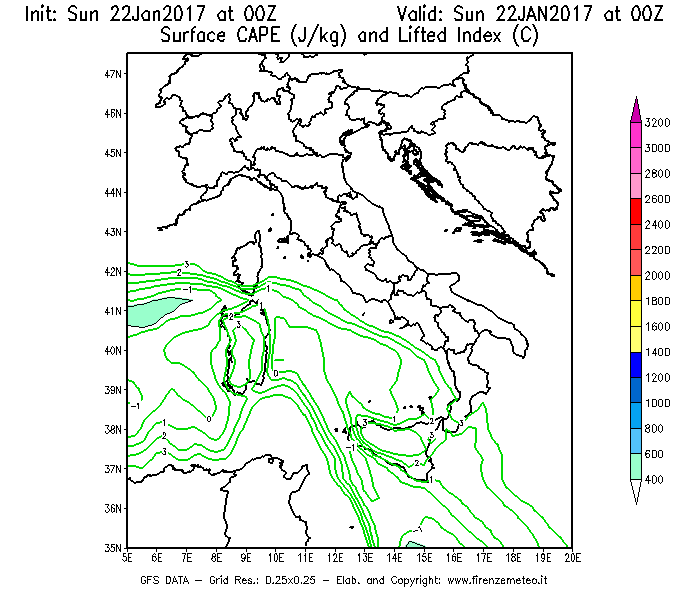 Mappa di analisi GFS - CAPE [J/kg] e Lifted Index [°C] in Italia
									del 22/01/2017 00 <!--googleoff: index-->UTC<!--googleon: index-->