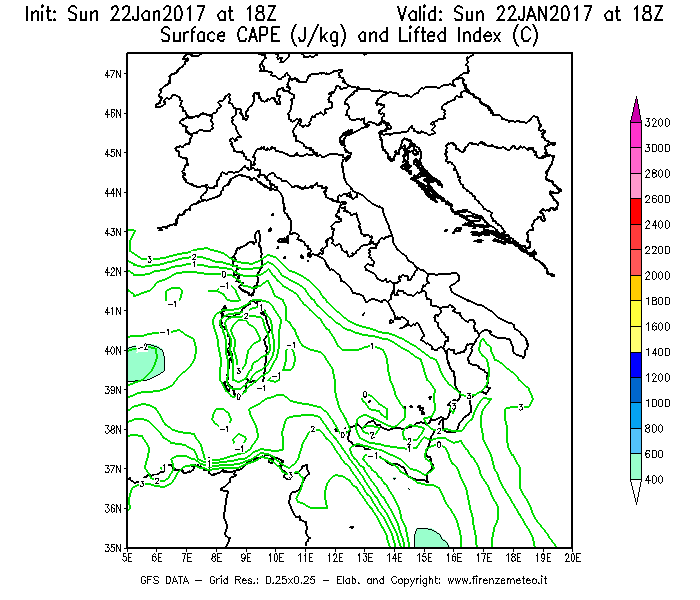 Mappa di analisi GFS - CAPE [J/kg] e Lifted Index [°C] in Italia
									del 22/01/2017 18 <!--googleoff: index-->UTC<!--googleon: index-->