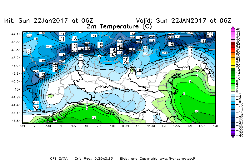 Mappa di analisi GFS - Temperatura a 2 metri dal suolo [°C] in Nord-Italia
									del 22/01/2017 06 <!--googleoff: index-->UTC<!--googleon: index-->