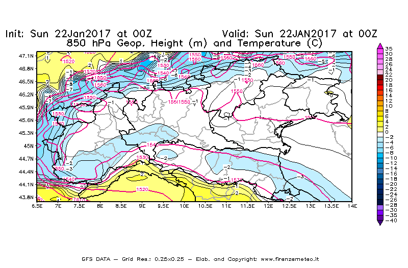 Mappa di analisi GFS - Geopotenziale [m] e Temperatura [°C] a 850 hPa in Nord-Italia
									del 22/01/2017 00 <!--googleoff: index-->UTC<!--googleon: index-->
