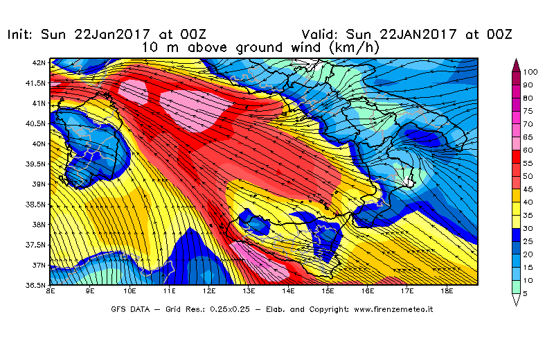 Mappa di analisi GFS - Velocità del vento a 10 metri dal suolo [km/h] in Sud-Italia
							del 22/01/2017 00 <!--googleoff: index-->UTC<!--googleon: index-->