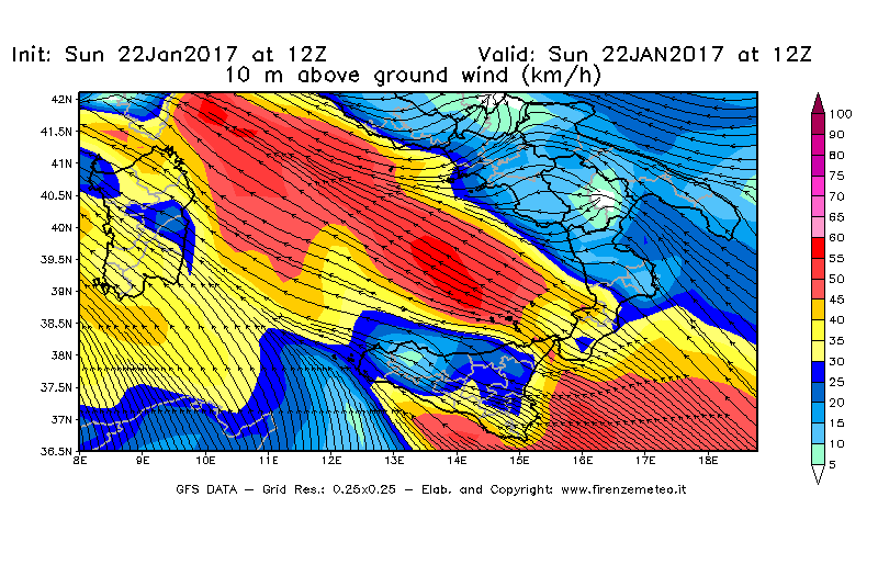 Mappa di analisi GFS - Velocità del vento a 10 metri dal suolo [km/h] in Sud-Italia
									del 22/01/2017 12 <!--googleoff: index-->UTC<!--googleon: index-->