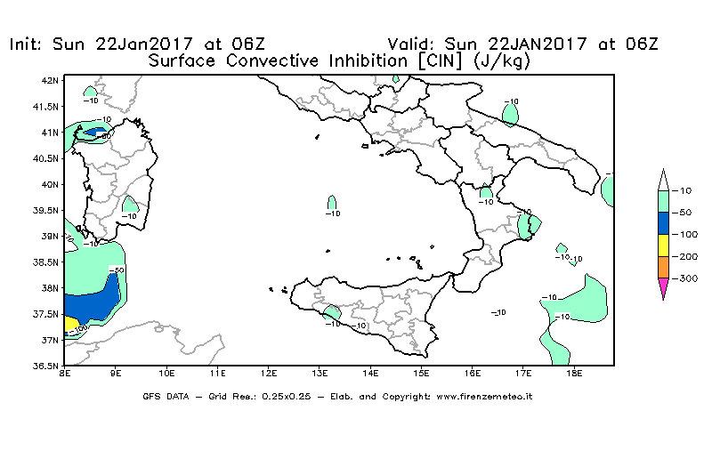 Mappa di analisi GFS - CIN [J/kg] in Sud-Italia
									del 22/01/2017 06 <!--googleoff: index-->UTC<!--googleon: index-->