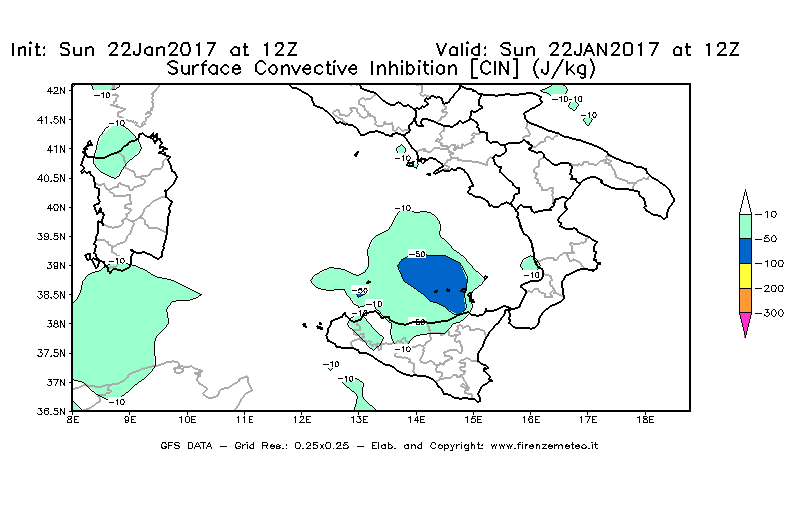 Mappa di analisi GFS - CIN [J/kg] in Sud-Italia
									del 22/01/2017 12 <!--googleoff: index-->UTC<!--googleon: index-->