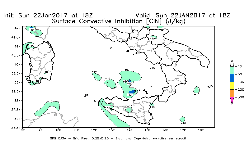 Mappa di analisi GFS - CIN [J/kg] in Sud-Italia
									del 22/01/2017 18 <!--googleoff: index-->UTC<!--googleon: index-->