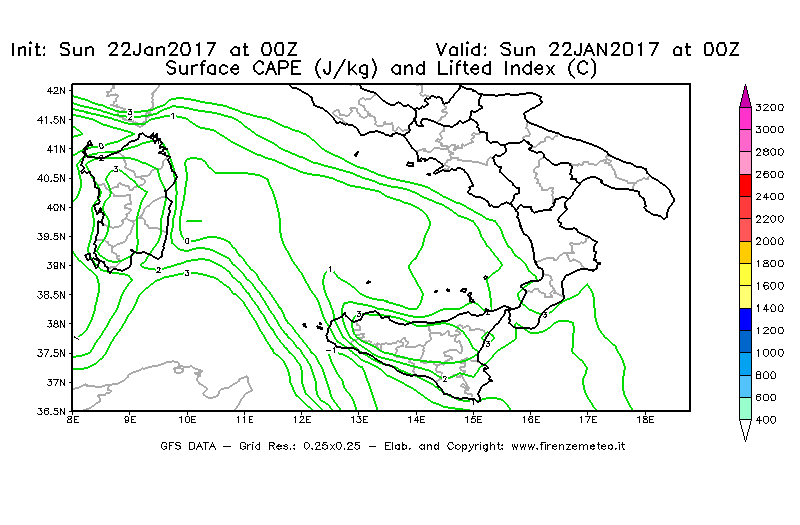 Mappa di analisi GFS - CAPE [J/kg] e Lifted Index [°C] in Sud-Italia
									del 22/01/2017 00 <!--googleoff: index-->UTC<!--googleon: index-->