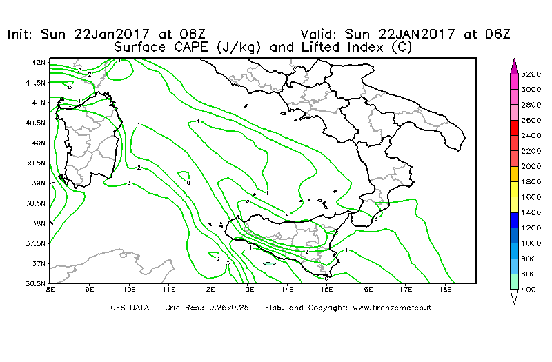 Mappa di analisi GFS - CAPE [J/kg] e Lifted Index [°C] in Sud-Italia
									del 22/01/2017 06 <!--googleoff: index-->UTC<!--googleon: index-->