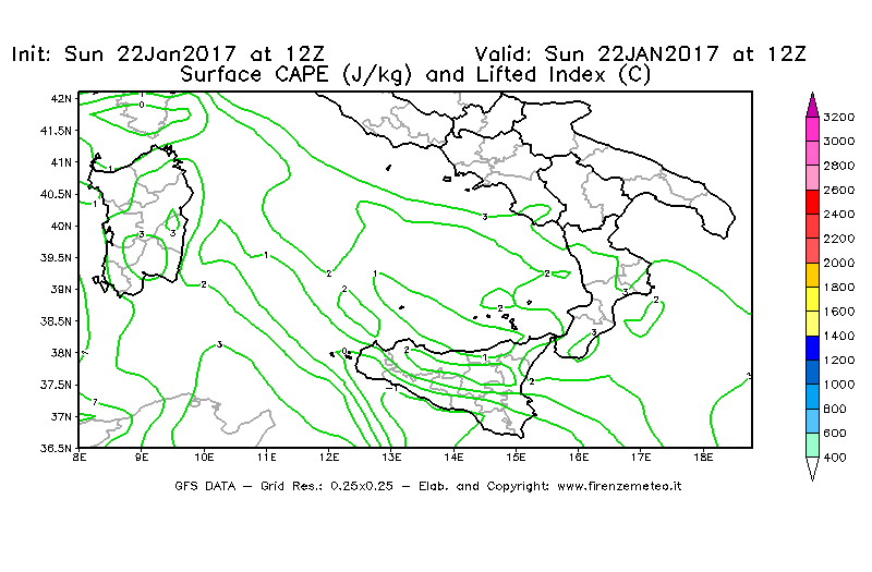 Mappa di analisi GFS - CAPE [J/kg] e Lifted Index [°C] in Sud-Italia
							del 22/01/2017 12 <!--googleoff: index-->UTC<!--googleon: index-->