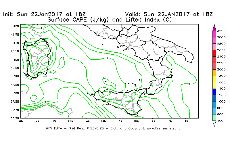 Mappa di analisi GFS - CAPE [J/kg] e Lifted Index [°C] in Sud-Italia
									del 22/01/2017 18 <!--googleoff: index-->UTC<!--googleon: index-->