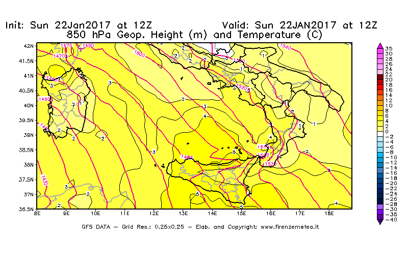 Mappa di analisi GFS - Geopotenziale [m] e Temperatura [°C] a 850 hPa in Sud-Italia
							del 22/01/2017 12 <!--googleoff: index-->UTC<!--googleon: index-->