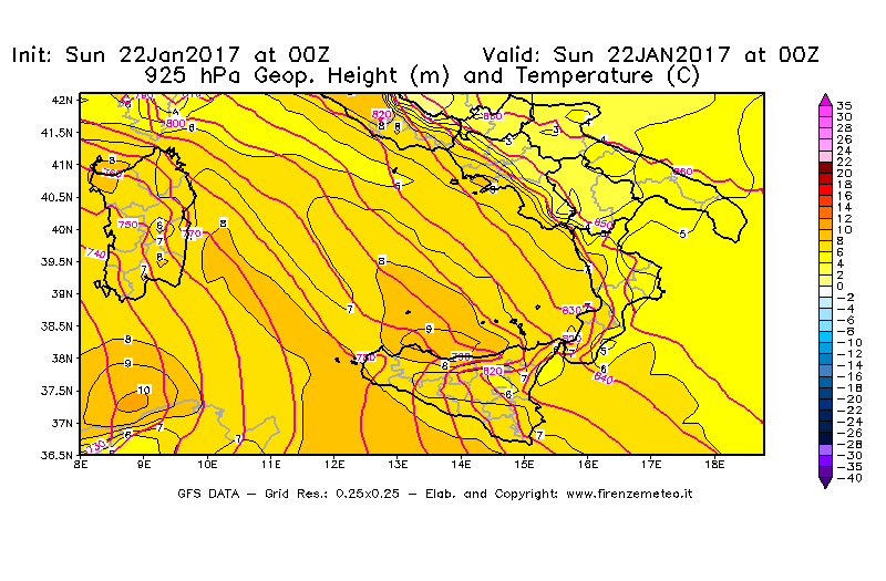 Mappa di analisi GFS - Geopotenziale [m] e Temperatura [°C] a 925 hPa in Sud-Italia
									del 22/01/2017 00 <!--googleoff: index-->UTC<!--googleon: index-->