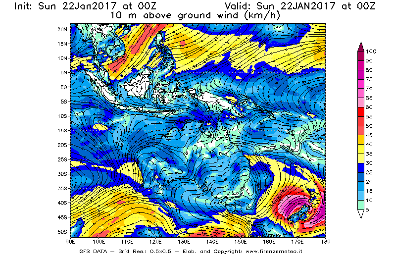 Mappa di analisi GFS - Velocità del vento a 10 metri dal suolo [km/h] in Oceania
							del 22/01/2017 00 <!--googleoff: index-->UTC<!--googleon: index-->