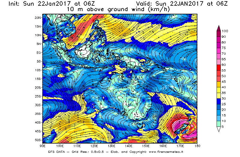 Mappa di analisi GFS - Velocità del vento a 10 metri dal suolo [km/h] in Oceania
									del 22/01/2017 06 <!--googleoff: index-->UTC<!--googleon: index-->