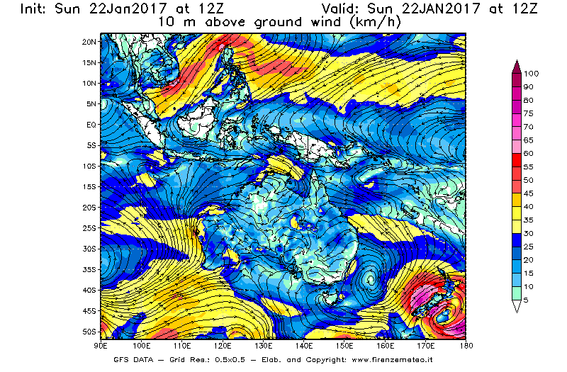 Mappa di analisi GFS - Velocità del vento a 10 metri dal suolo [km/h] in Oceania
							del 22/01/2017 12 <!--googleoff: index-->UTC<!--googleon: index-->
