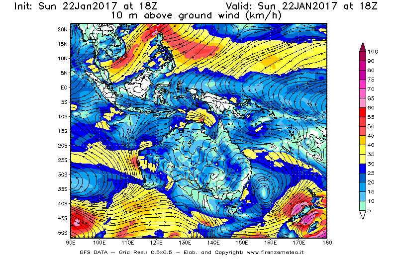Mappa di analisi GFS - Velocità del vento a 10 metri dal suolo [km/h] in Oceania
									del 22/01/2017 18 <!--googleoff: index-->UTC<!--googleon: index-->