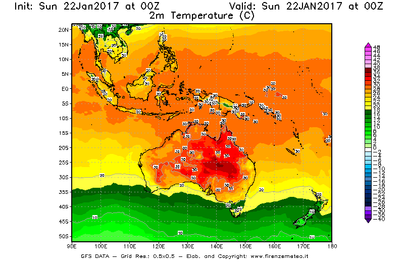 Mappa di analisi GFS - Temperatura a 2 metri dal suolo [°C] in Oceania
							del 22/01/2017 00 <!--googleoff: index-->UTC<!--googleon: index-->