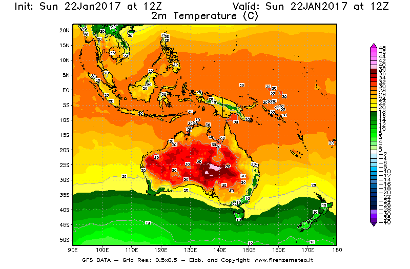 Mappa di analisi GFS - Temperatura a 2 metri dal suolo [°C] in Oceania
							del 22/01/2017 12 <!--googleoff: index-->UTC<!--googleon: index-->