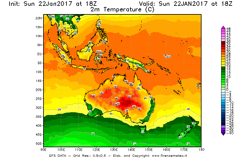 Mappa di analisi GFS - Temperatura a 2 metri dal suolo [°C] in Oceania
									del 22/01/2017 18 <!--googleoff: index-->UTC<!--googleon: index-->