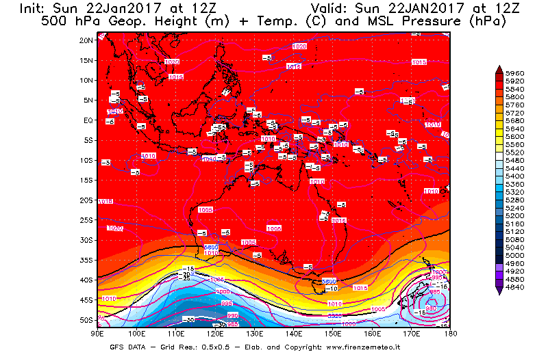 Mappa di analisi GFS - Geopotenziale [m] + Temp. [°C] a 500 hPa + Press. a livello del mare [hPa] in Oceania
									del 22/01/2017 12 <!--googleoff: index-->UTC<!--googleon: index-->