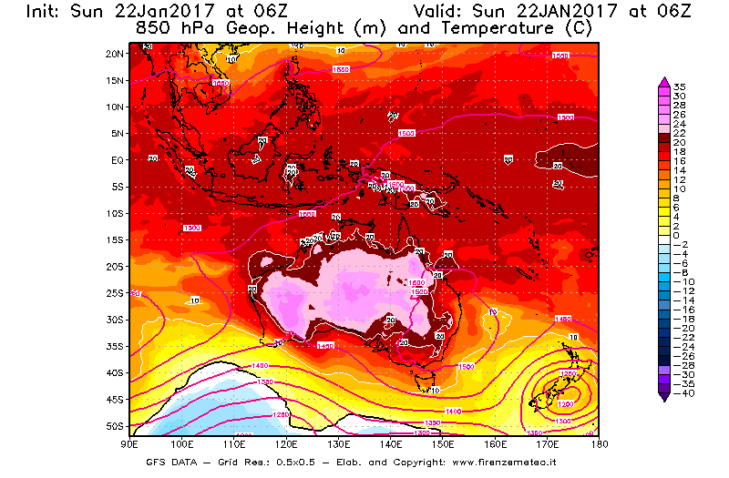 Mappa di analisi GFS - Geopotenziale [m] e Temperatura [°C] a 850 hPa in Oceania
							del 22/01/2017 06 <!--googleoff: index-->UTC<!--googleon: index-->