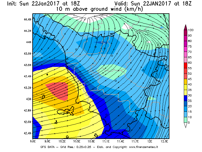 Mappa di analisi GFS - Velocità del vento a 10 metri dal suolo [km/h] in Toscana
									del 22/01/2017 18 <!--googleoff: index-->UTC<!--googleon: index-->
