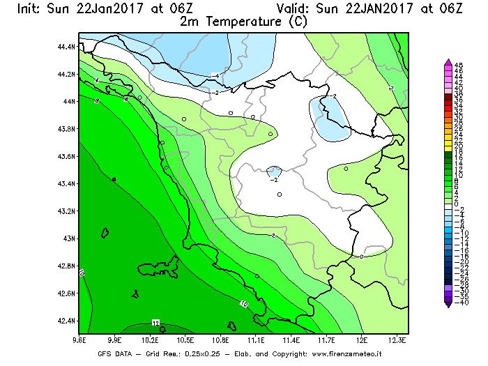 Mappa di analisi GFS - Temperatura a 2 metri dal suolo [°C] in Toscana
							del 22/01/2017 06 <!--googleoff: index-->UTC<!--googleon: index-->