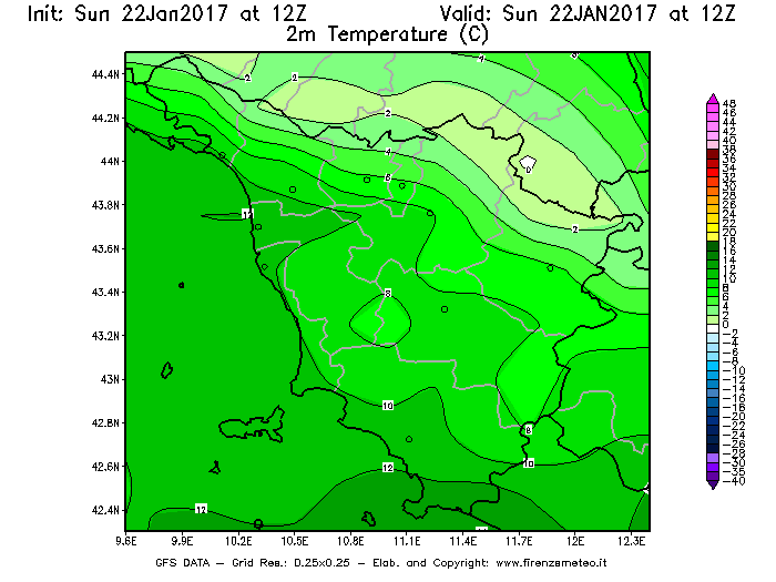 Mappa di analisi GFS - Temperatura a 2 metri dal suolo [°C] in Toscana
									del 22/01/2017 12 <!--googleoff: index-->UTC<!--googleon: index-->