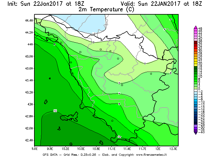 Mappa di analisi GFS - Temperatura a 2 metri dal suolo [°C] in Toscana
									del 22/01/2017 18 <!--googleoff: index-->UTC<!--googleon: index-->