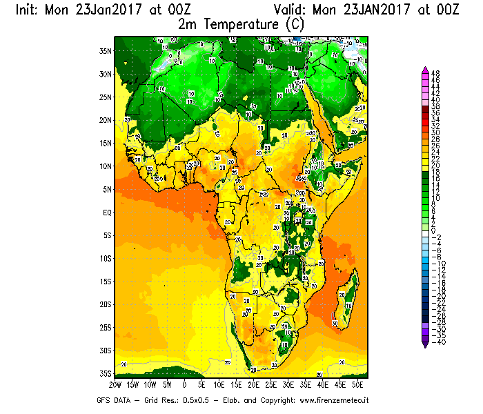 Mappa di analisi GFS - Temperatura a 2 metri dal suolo [°C] in Africa
							del 23/01/2017 00 <!--googleoff: index-->UTC<!--googleon: index-->