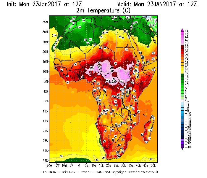 Mappa di analisi GFS - Temperatura a 2 metri dal suolo [°C] in Africa
							del 23/01/2017 12 <!--googleoff: index-->UTC<!--googleon: index-->