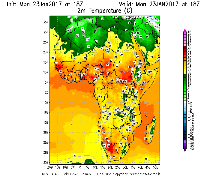 Mappa di analisi GFS - Temperatura a 2 metri dal suolo [°C] in Africa
							del 23/01/2017 18 <!--googleoff: index-->UTC<!--googleon: index-->