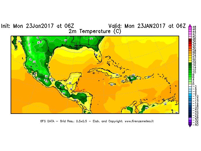Mappa di analisi GFS - Temperatura a 2 metri dal suolo [°C] in Centro-America
							del 23/01/2017 06 <!--googleoff: index-->UTC<!--googleon: index-->