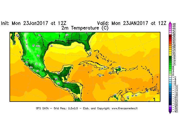 Mappa di analisi GFS - Temperatura a 2 metri dal suolo [°C] in Centro-America
							del 23/01/2017 12 <!--googleoff: index-->UTC<!--googleon: index-->