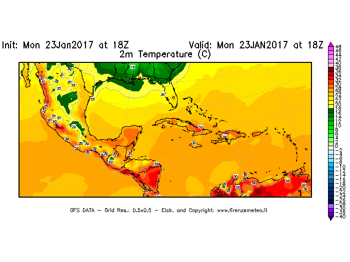 Mappa di analisi GFS - Temperatura a 2 metri dal suolo [°C] in Centro-America
							del 23/01/2017 18 <!--googleoff: index-->UTC<!--googleon: index-->