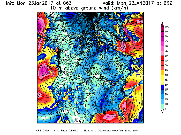 Mappa di analisi GFS - Velocità del vento a 10 metri dal suolo [km/h] in Nord-America
							del 23/01/2017 06 <!--googleoff: index-->UTC<!--googleon: index-->