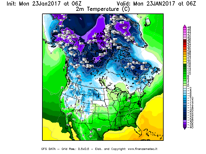 Mappa di analisi GFS - Temperatura a 2 metri dal suolo [°C] in Nord-America
							del 23/01/2017 06 <!--googleoff: index-->UTC<!--googleon: index-->