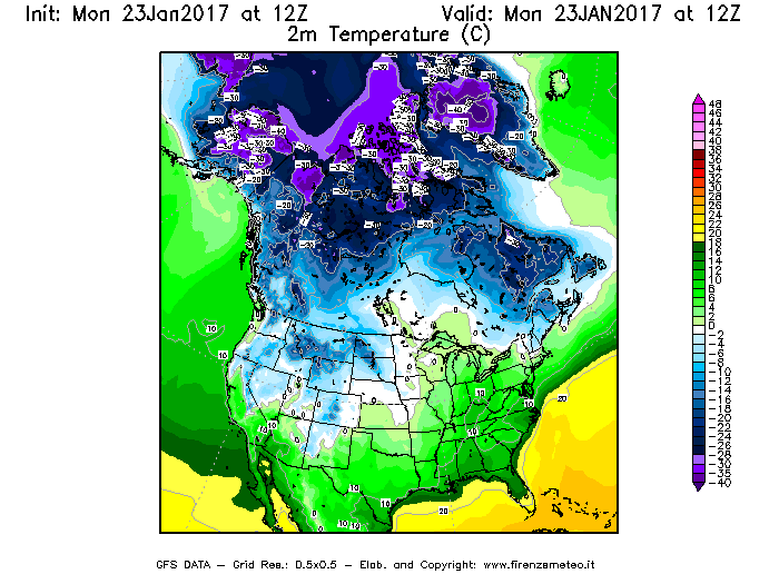 Mappa di analisi GFS - Temperatura a 2 metri dal suolo [°C] in Nord-America
							del 23/01/2017 12 <!--googleoff: index-->UTC<!--googleon: index-->