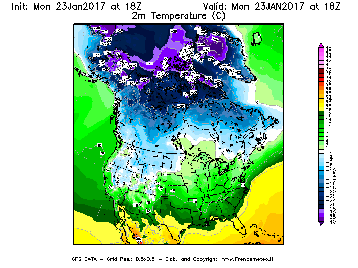 Mappa di analisi GFS - Temperatura a 2 metri dal suolo [°C] in Nord-America
							del 23/01/2017 18 <!--googleoff: index-->UTC<!--googleon: index-->