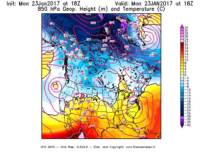 Mappa di analisi GFS - Geopotenziale [m] e Temperatura [°C] a 850 hPa in Nord-America
							del 23/01/2017 18 <!--googleoff: index-->UTC<!--googleon: index-->