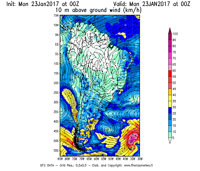 Mappa di analisi GFS - Velocità del vento a 10 metri dal suolo [km/h] in Sud-America
							del 23/01/2017 00 <!--googleoff: index-->UTC<!--googleon: index-->