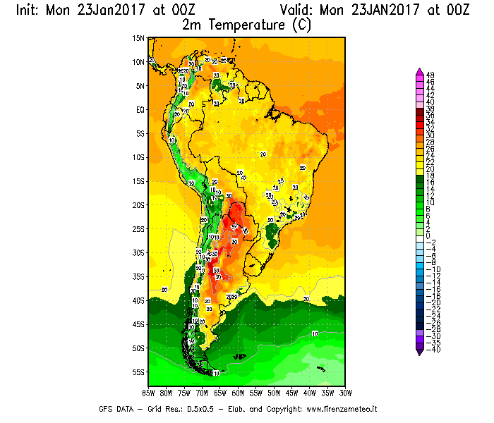 Mappa di analisi GFS - Temperatura a 2 metri dal suolo [°C] in Sud-America
							del 23/01/2017 00 <!--googleoff: index-->UTC<!--googleon: index-->