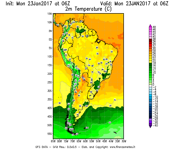 Mappa di analisi GFS - Temperatura a 2 metri dal suolo [°C] in Sud-America
							del 23/01/2017 06 <!--googleoff: index-->UTC<!--googleon: index-->