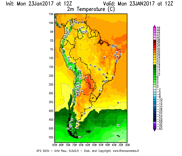 Mappa di analisi GFS - Temperatura a 2 metri dal suolo [°C] in Sud-America
							del 23/01/2017 12 <!--googleoff: index-->UTC<!--googleon: index-->