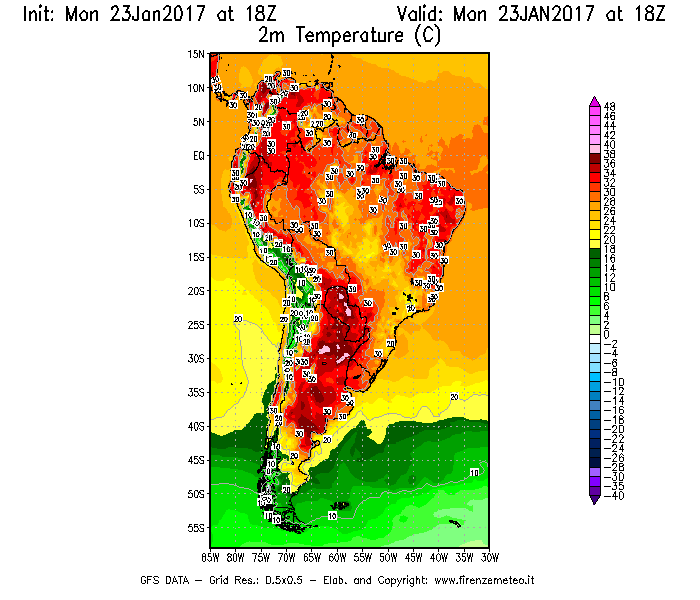 Mappa di analisi GFS - Temperatura a 2 metri dal suolo [°C] in Sud-America
							del 23/01/2017 18 <!--googleoff: index-->UTC<!--googleon: index-->