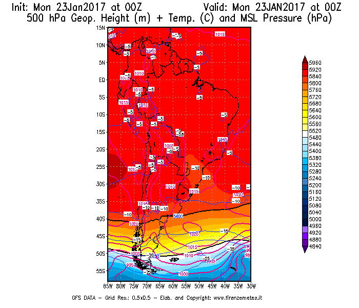 Mappa di analisi GFS - Geopotenziale [m] + Temp. [°C] a 500 hPa + Press. a livello del mare [hPa] in Sud-America
							del 23/01/2017 00 <!--googleoff: index-->UTC<!--googleon: index-->