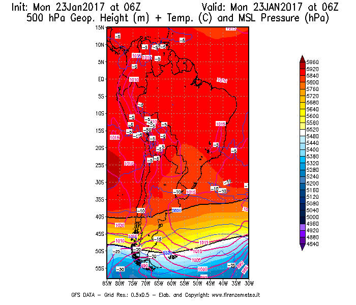 Mappa di analisi GFS - Geopotenziale [m] + Temp. [°C] a 500 hPa + Press. a livello del mare [hPa] in Sud-America
							del 23/01/2017 06 <!--googleoff: index-->UTC<!--googleon: index-->