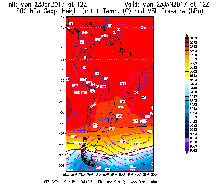 Mappa di analisi GFS - Geopotenziale [m] + Temp. [°C] a 500 hPa + Press. a livello del mare [hPa] in Sud-America
							del 23/01/2017 12 <!--googleoff: index-->UTC<!--googleon: index-->
