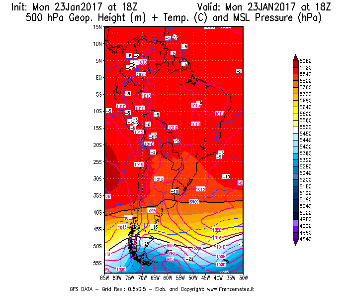 Mappa di analisi GFS - Geopotenziale [m] + Temp. [°C] a 500 hPa + Press. a livello del mare [hPa] in Sud-America
							del 23/01/2017 18 <!--googleoff: index-->UTC<!--googleon: index-->
