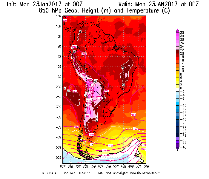 Mappa di analisi GFS - Geopotenziale [m] e Temperatura [°C] a 850 hPa in Sud-America
							del 23/01/2017 00 <!--googleoff: index-->UTC<!--googleon: index-->