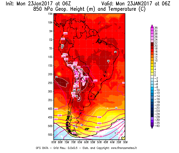 Mappa di analisi GFS - Geopotenziale [m] e Temperatura [°C] a 850 hPa in Sud-America
							del 23/01/2017 06 <!--googleoff: index-->UTC<!--googleon: index-->